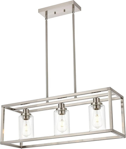 MELUCEE Rectangle Chandeliers for Dining Room Brushed Nickel Finish 3-Light Kitchen Island Lighting Modern Light Fixtures Ceiling Hanging for Hallway Living Room, Clear Glass Lampshade