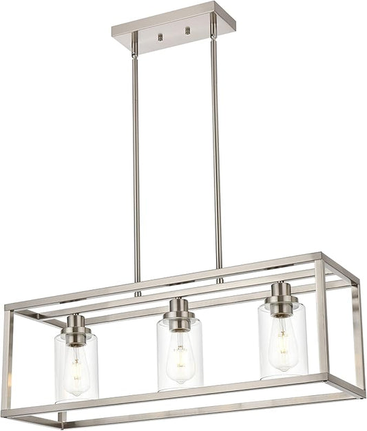 MELUCEE Rectangle Chandeliers for Dining Room Brushed Nickel Finish 3-Light Kitchen Island Lighting Modern Light Fixtures Ceiling Hanging for Hallway Living Room, Clear Glass Lampshade