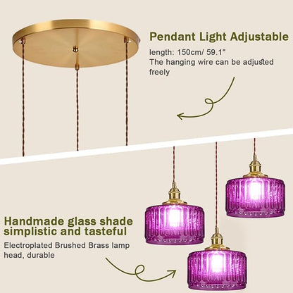 3-Light Glass Globe Chandelier Kitchen Island Mid Century Modern Ceiling Pendant Light Purple Striped Shade Gold Hanging Lights Fixture Multi Light Cluster Chandeliers Dining Room
