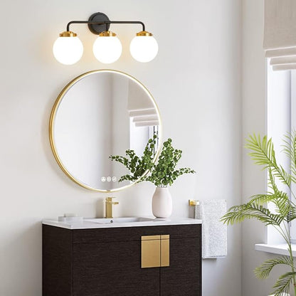 Black Gold Bathroom Light Fixtures Above Mirror, 22.4'' Modern Vanity Lighting with White Glass Globe Shade 3-Light Farmhouse Wall Sconce