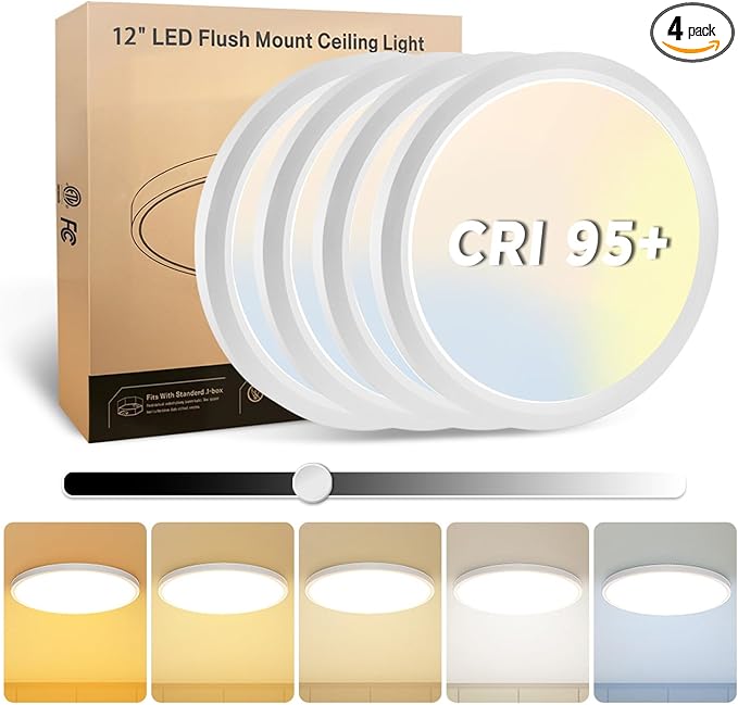 4Pack 12 Inch LED Flush Mount Ceiling Light, 25W, 3000LM, CRI 95+, 2700K-5000K 5CCT & Dimmable, White Round Surface Flat Panel Light for Hallway, Kitchen, Bedroom, Laundry Room