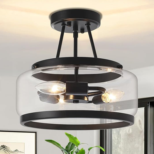 11.81" Black Semi Flush Mount Ceiling Light Fixture Modern Glass Kitchen Lighting Fixtures Ceiling Lights 3-Light Hallway Light Fixtures Drum Entryway Chandelier for Bedroom Foyer Laundry Dining Room