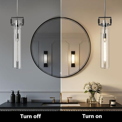 Black Pendant Light Glass for Kitchen Island Set of 2, Adjustable Hanging Chandelier with Glass Shade Modern Pendant Light Fixture for Farmhouse, Dining Room,Bedroom,E26 Bulb Included