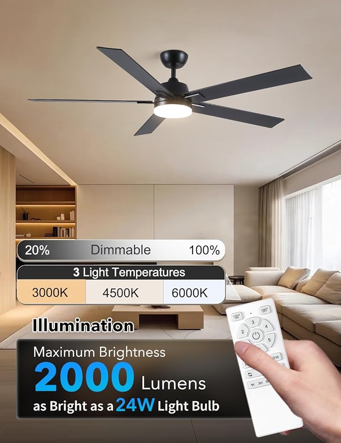Rayqueen 60 Inch Ceiling Fans with Lights and Remote, 6 Speed Reversible DC Motor, 3CCT Dimmable LED, Black Modern Ceiling Fan for Bedroom, Living room & Covered Outdoor,Includes Downrod