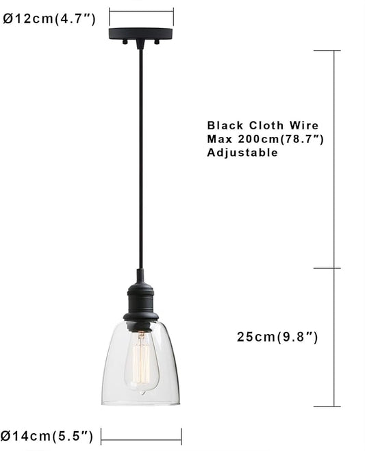 Yosoan 1-Light Vintage Edison Hanging Pendant Light, Indoor Modern Hardwired Mini Oval Cone Clear Glass Shade for Kitchen Bathroom Porch Living Room Dinning Room Office Restaurants Bar Island(Black)