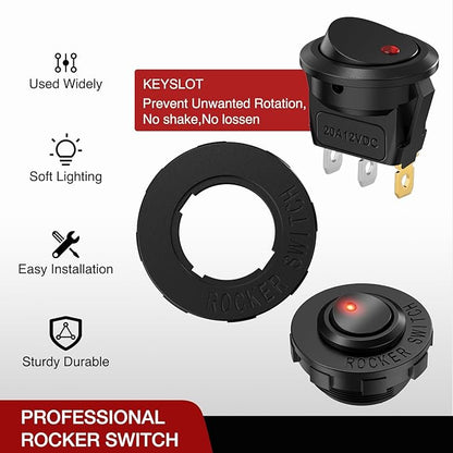 Nilight 1PC Round Rocker Switch with Shell 12V 24V 20A Red LED Toggle swtich with 16AWG Wires SPST 3Pin 2 Position for Car Truck Vehicle Boat Marine Rocker On Off Control