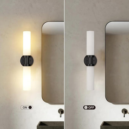 SANTOSTOCK Black Bathroom Light Fixtures, 2-Light Wall Sconces Lighting W/White Glass Shade, Modern Vanity Lights for Mirror, Wall Mounted Lamp, E26 T10 Bulbs(Excluded)