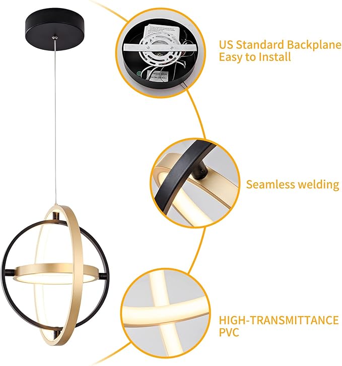 Modern LED Chandelier DIY Creative Chandelier Adjustable Hanging Round Ring 3 Ring 4000K Warm White Light Fixture for Dining Room Bedroom Kitchen Island Hall Black Gold (D = 11.8")