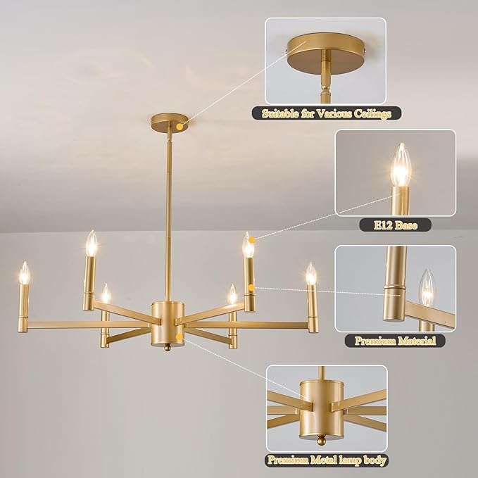 ASGYISA 6-Light Gold Candle Chandeliers Modern Farmhouse Ceiling Light Fixture Industrial Lighting for Dining Room Living Room Bedroom Kitchen Island Foyer