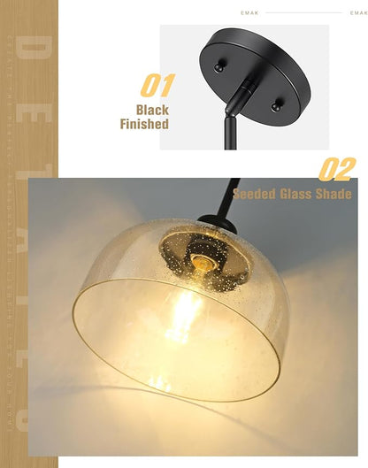 Emak Modern Black Pendant Light, 10 Inch Large Pendant Lights Kitchen Island with Seeded Glass Shade, Farmhouse Kitchen Island Lighting for Dining Room, Bathroom, Bar, PL131-BK-SG
