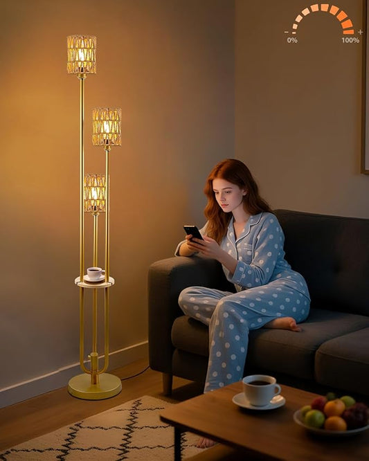 63IN Dimmable Floor Lamp with Shelf, Gold Rattan Tall Standing Lamps Candle Holder Style, 3000K Warmwhite Mid Century Modern Floor Lamp with 5Lbs Heavy Base for Living Room (Bulbs Included)