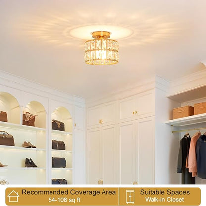 Lxybcce Crystal Ceiling Light Fixture, Modern Brushed Gold Semi Flush Mount Ceiling Chandelier Light for Hallway Entryway Kitchen Bathroom, Small Chandelier Light for Bedroom Closet, 1-Light, 9 Inch