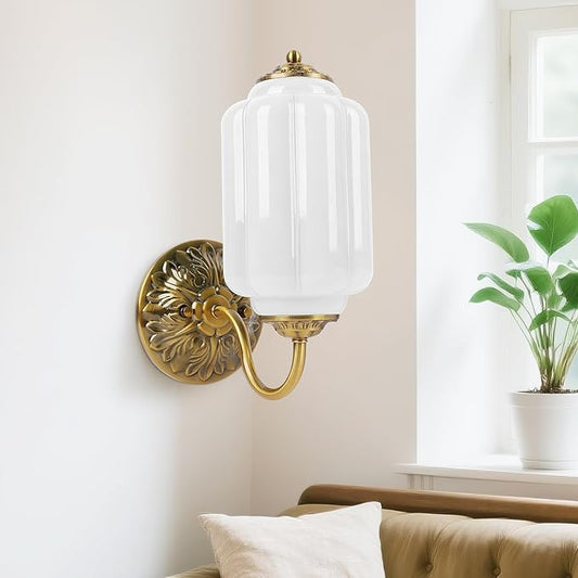 Vintage Wall Sconce, White Milk Glass Light Fixture, 5.5In Art Deco Antique Wall Sconce for Bedroom Bathroom Living Room Hallway Entryway, E12 LED Bulb Included, Antique Gold & White 1 Pack