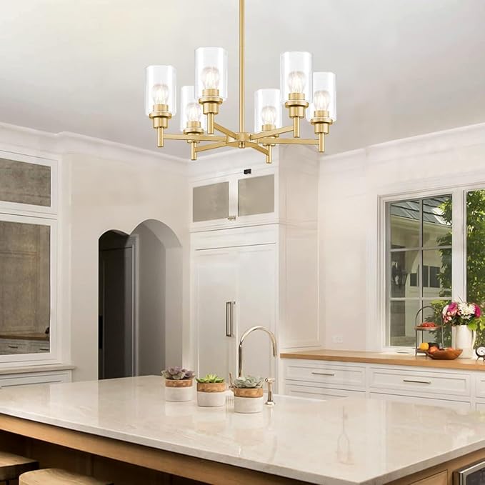Modern Gold Chandeliers for Dining Room, 6-Light Chandelier Light Fixture with Clear Glass Shades, Metal Hanging Pendant Lighting for Living Room, Kitchen, Staircase, Entryway