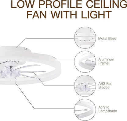 STERREN Ceiling Fans with Lights,20" Low Profile Ceiling Fan with Remote Control, Modern Flush Mount Ceiling Fan,White Fan Light for Bedroom, Living Room,Kitchen,Small LED Ceiling Light Fixture