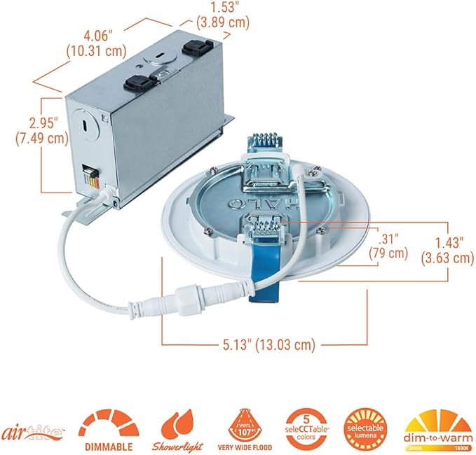 HALO HLBC 4 in Ultra-Slim Canless LED Recessed Lighting Downlight with Regressed Lens, Selectable CCT, Dim-to-Warm Technology, 600 Lumens, Wet Rated, IC Rated, Energy Star - HLBC4069FSD2W1EMW