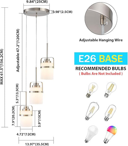 Brushed Nickel 3-Light Pendant Lighting, Adjustable Cluster Hanging Light Fixture with Milk Glass Shade, Modern Pendant Light for Kitchen Island Dining Room Bar
