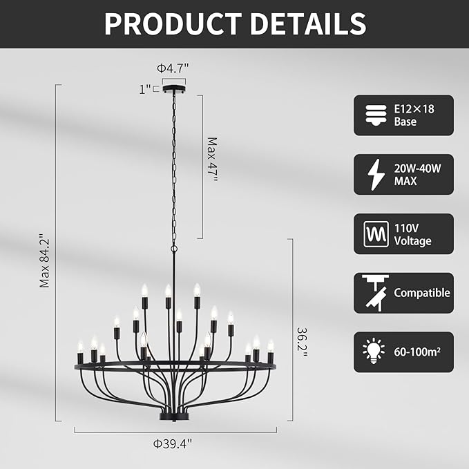 39.4“ Industrial Black Chandelier Rustic Vintage 18-Lights Candle Style Chandeliers Light Fixture Large Retro Black Chandelier for Dining Room, Kitchen Island, Living Room, E12