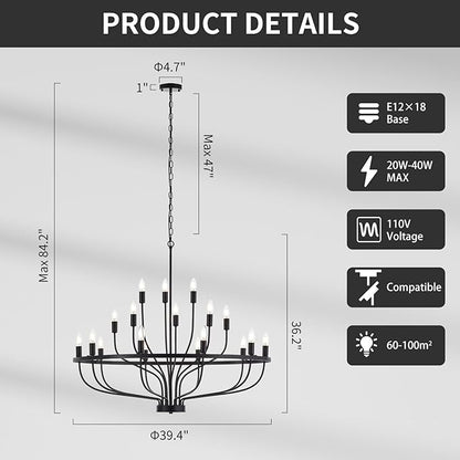 39.4“ Industrial Black Chandelier Rustic Vintage 18-Lights Candle Style Chandeliers Light Fixture Large Retro Black Chandelier for Dining Room, Kitchen Island, Living Room, E12