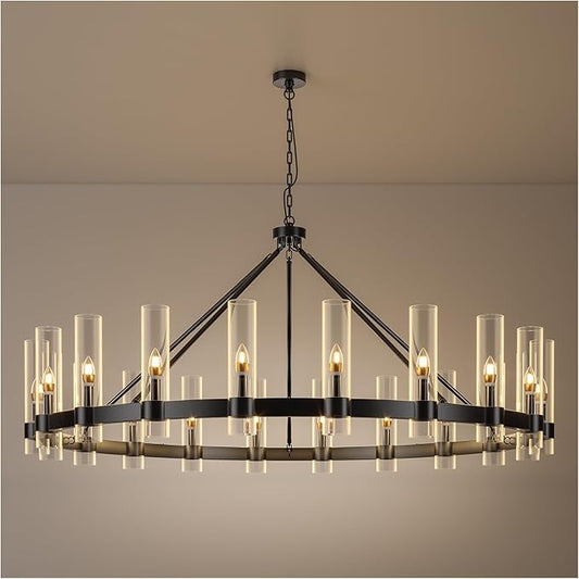 20-Lights Black Wagon Wheel Chandelier Modern Farmhouse with Glass Shade, 60 Inch Large Round Industrial High Ceilings Pendant Lighting Fixture for Dining Living Room, Kitchen Island, Foyer