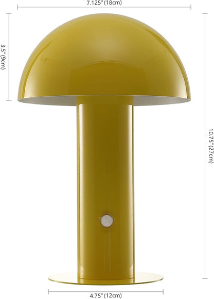 JONATHAN Y 10.75" Yellow Rechargeable LED Mushroom Table Lamp, Cordless Portable Bedside Lamp for Living Room Bedroom, 3-Way Dimmable Modern Iron Desk Light, Metal Shade (JYL7115C)