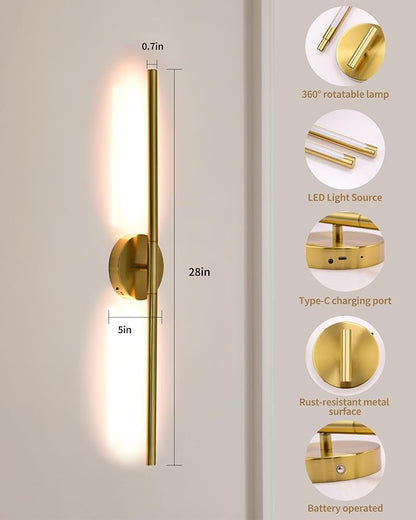 Wireless Wall Sconces Set of 2 ，28Inch Battery Operated Wall Lights with Remote Control，360°Rotate Dimmable led Wall Lamp for Living Room and Hallway (Gold)