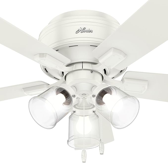 Hunter 42 inch Indoor Ceiling Fan with LED Lights and Pull Chain - Low Profile Flush Mount White Ceiling Fan, 5 Blades, For Bedroom, Living Room, or Kitchen, Quiet - Crestfield 52152, Fresh White