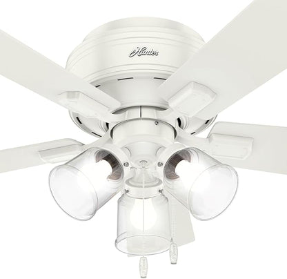 Hunter 42 inch Indoor Ceiling Fan with LED Lights and Pull Chain - Low Profile Flush Mount White Ceiling Fan, 5 Blades, For Bedroom, Living Room, or Kitchen, Quiet - Crestfield 52152, Fresh White