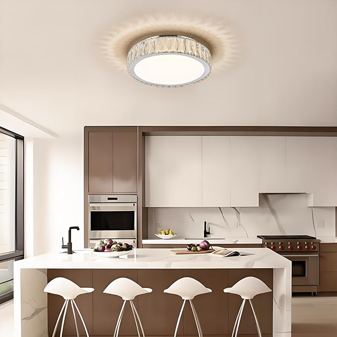 Dimmable Modern LED Crystal Flush Mount Ceiling Light Fixture,Luxury Chrome Round Lighting Fixtures,15 Inch 36W 5CCT 3000K-6000K Large Bedroom Chandelier for Hallway Kitchen Living Room