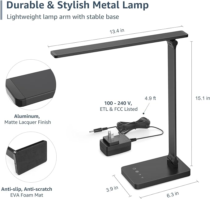 Lepro LED Desk Lamp with USB Charging Port,650LM Dimmable Home Office Touch Control Reading Table Lamp,5 Color Modes with 5 Brightness,College Dorm Room Essentials, Eye Caring, Sewing, Crafting, Black