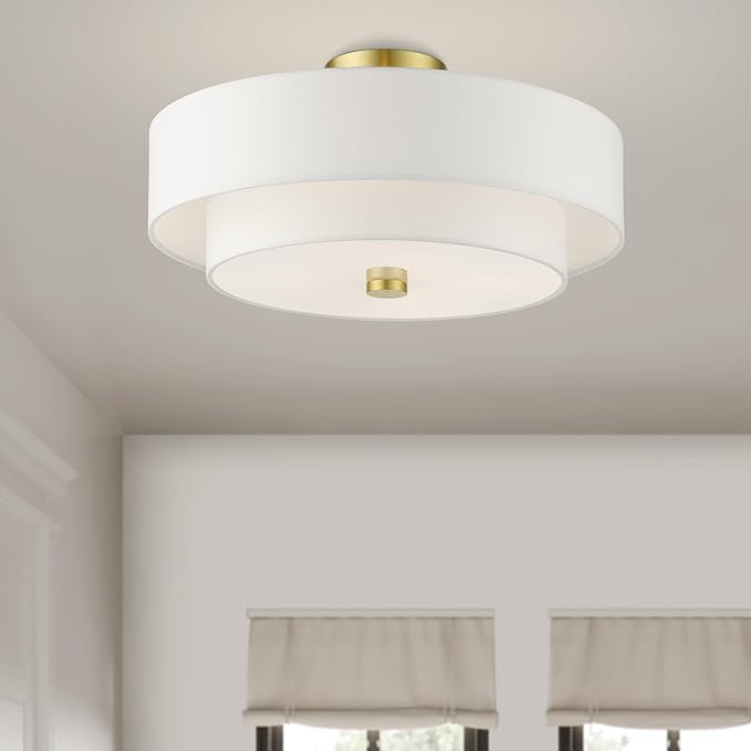 Livex Lighting 51045-12 Meridian Collection 4-Light Semi Flush Mount Ceiling Light with Off-White Hardback Fabric Shade, Satin Brass, 18 x 18 x 9