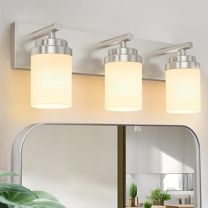IZORRO Bathroom Vanity Light Fixture, 3-Light 22 Inch Brushed Nickel Bathroom Light Fixtures Over Mirror, with White Glass Shade, Modern Farmhouse Vanity Lights, Rustic Restroom Lighting Fixtures