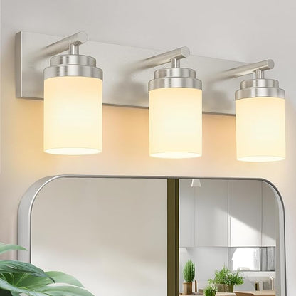 IZORRO Bathroom Vanity Light Fixture, 3-Light 22 Inch Brushed Nickel Bathroom Light Fixtures Over Mirror, with White Glass Shade, Modern Farmhouse Vanity Lights, Rustic Restroom Lighting Fixtures