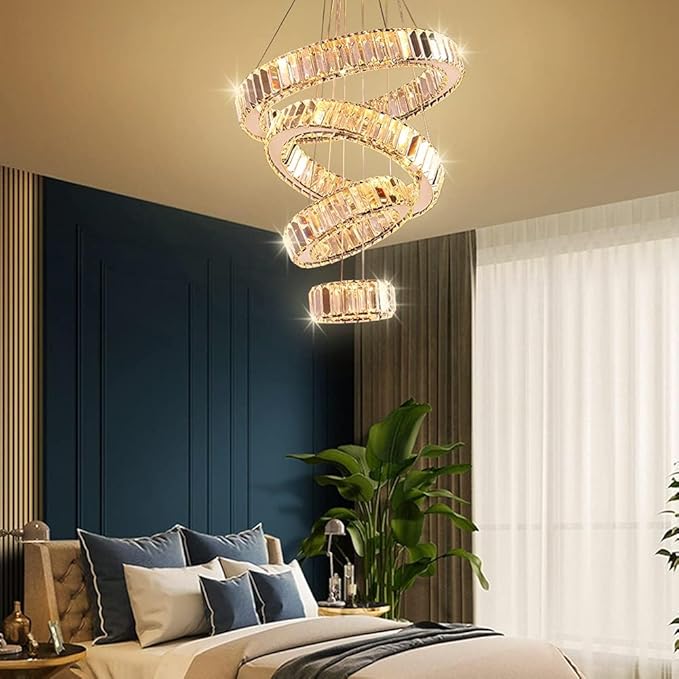 4 Rings LED Chandelier for Dining Room, Modern Crystal Chandelier Pendant Light High Ceiling Chandeliers for Bedroom Living Room Dining Room Warm White