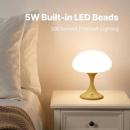 MAGCHARM Mushroom Lamp, 5W LED Cordless Rechargeable Table Lamp with Glass Shade, Small Retro Dimmable Touch Light with 3 Color Temps, Aesthetic Mid Century Bedside Light for Bedroom Ambient, Mustard