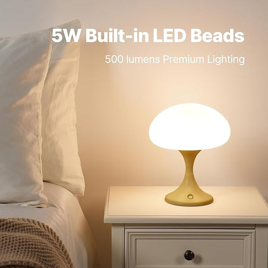 MAGCHARM Mushroom Lamp, 5W LED Cordless Rechargeable Table Lamp with Glass Shade, Small Retro Dimmable Touch Light with 3 Color Temps, Aesthetic Mid Century Bedside Light for Bedroom Ambient, Mustard