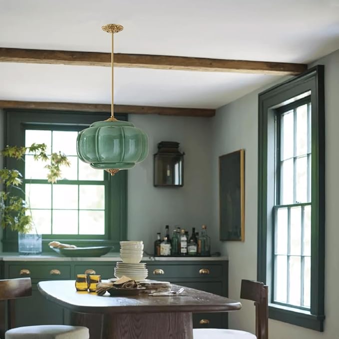 Green Milk Glass Pendant Light Vintage Schoolhouse Light Fixture Easy Change Bulb Chandelier Gold Traditional Semi Flush Mount Ceiling Light for Bedroom Kitchen Dining Room