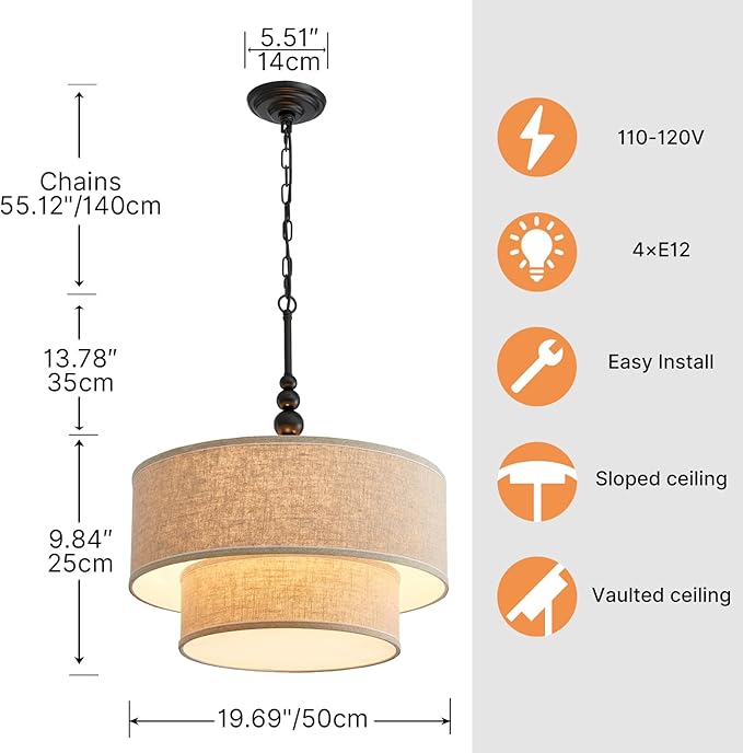 Shrine Lighting Double Drum Chandeliers, Farmhouse Style, Perfect Drum Pendant Light for Dining Room, D20'' x H10'', Adjustable Chains 55'', E12*4 Sockets, Beige Linen Fabric Lampshade & Black Rod