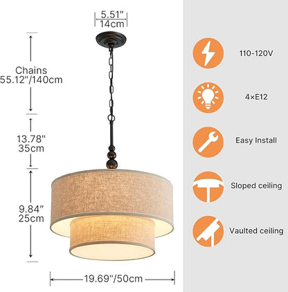 Shrine Lighting Double Drum Chandeliers, Farmhouse Style, Perfect Drum Pendant Light for Dining Room, D20'' x H10'', Adjustable Chains 55'', E12*4 Sockets, Beige Linen Fabric Lampshade & Black Rod