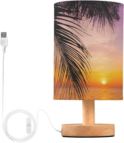 Table Lamp Sunset Ocean Palm Tree Tropical Summer Nightstand Lamp with Wood Base Fabric Lamp Shade Bedside Desk Lamp for Living Room Bedroom Kids Room Office