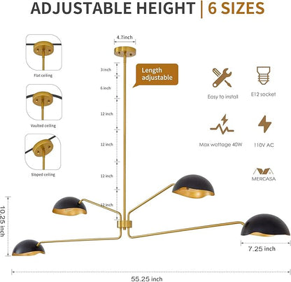 Modern Chandelier Large 55" Black and Gold Sputnik Chandeliers 4 Lights Mid Century Ceiling Pendant Light Fixture Luxury Metal for Dining Room Foyer Staircase