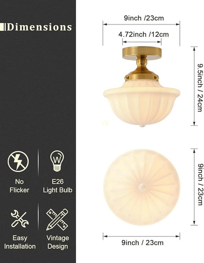 Schoolhouse Milk White Glass Ceiling Light,9" Semi Flush Mount Ceiling Light, Gold Mid Century Light Fixtures for Bedroom Kitchen Hallway Entryway