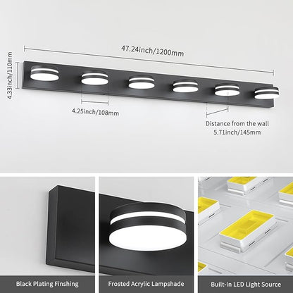 6-Light Bathroom Vanity Light Over Mirror, Matte Black LED Vanity Lighting Fixtures, Modern Bathroom Wall Light Fixtures with 360°Rotating Lamp Head (Cool White 5500K) (Black, 47Inch)