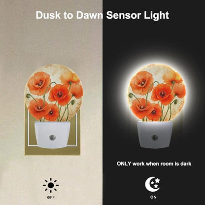 EKOBLA Poppy Flower Plug-in Night Light, Vintage Red Orange Floral LED Nightlight with Sensor for Hallway