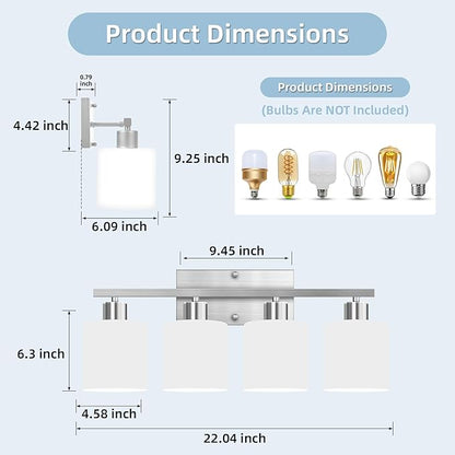 SILAMPDI 4-Light Bathroom Lighting Fixtures Over Mirror, Brushed Nickel Bathroom Vanity Light, Modern Rustproof Wall Sconce Lights, Milky White Frosted Glass Shades, E26 Base, Bulbs Not Included