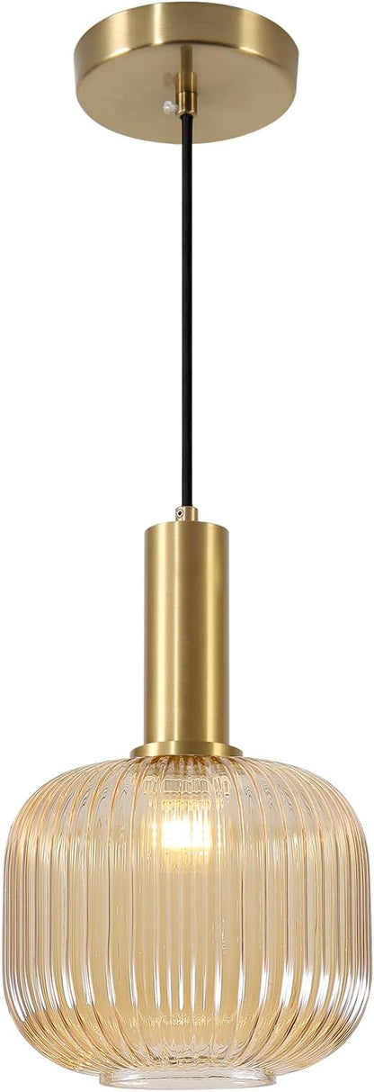 KCO Lighting Amber Glass Globe Pendant Light Mid Century Modern Kitchen Island Pendant Lighting Gold Single Pendant Light Fixture Vintage Brass Hanging Ceiling Light for Living Room Dining Room