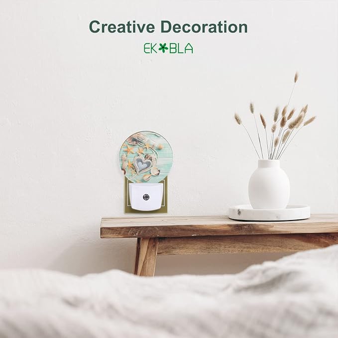 EKOBLA Beach Plug-in Night Light, Seashell & Starfish on Wood Coastal LED Nightlight with Auto Sensor for Bathroom & Home Decor