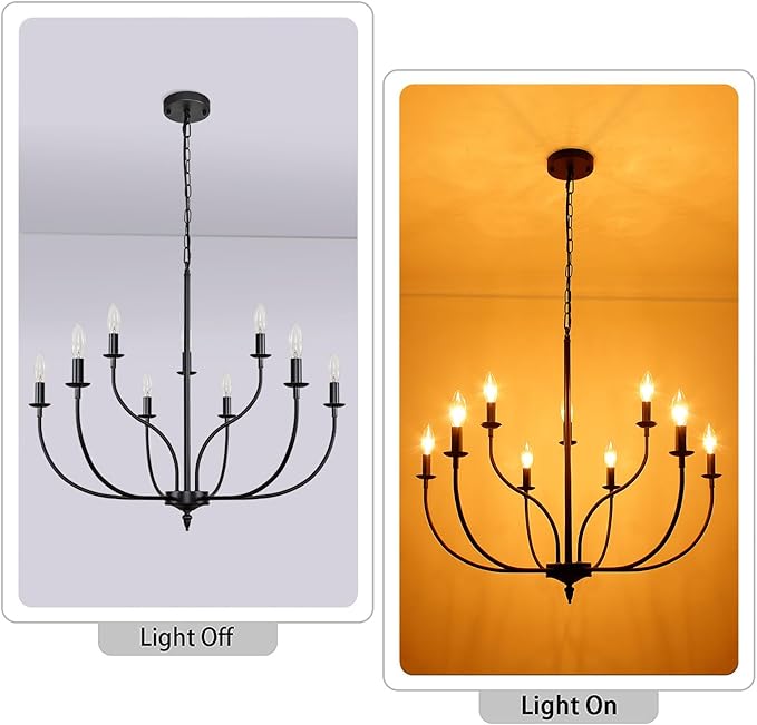 Black Chandelier, 9-Light Farmhouse Chandelier for Dining Room Lighting Fixtures Hanging, 2-Tier French Country Candle Chandeliers for Living Room Bedroom Foyer(Frosted Black)
