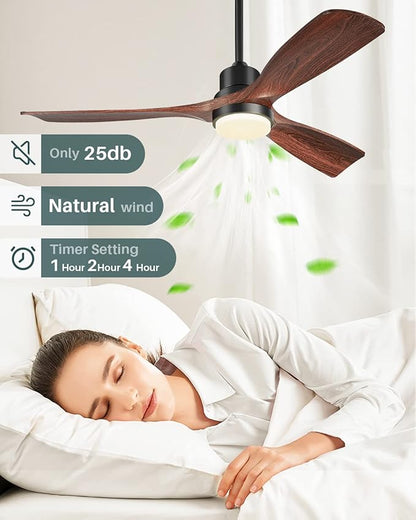 Ceiling Fans with Lights and Remote, 52 Inch Outdoor Ceiling Fan for Patios Indoor with 3 Downrods, 3 Blades Modern Ceiling Fan, 6 Speed Reversible Quiet DC Motor Solid Wood Fan,52in,Walnut