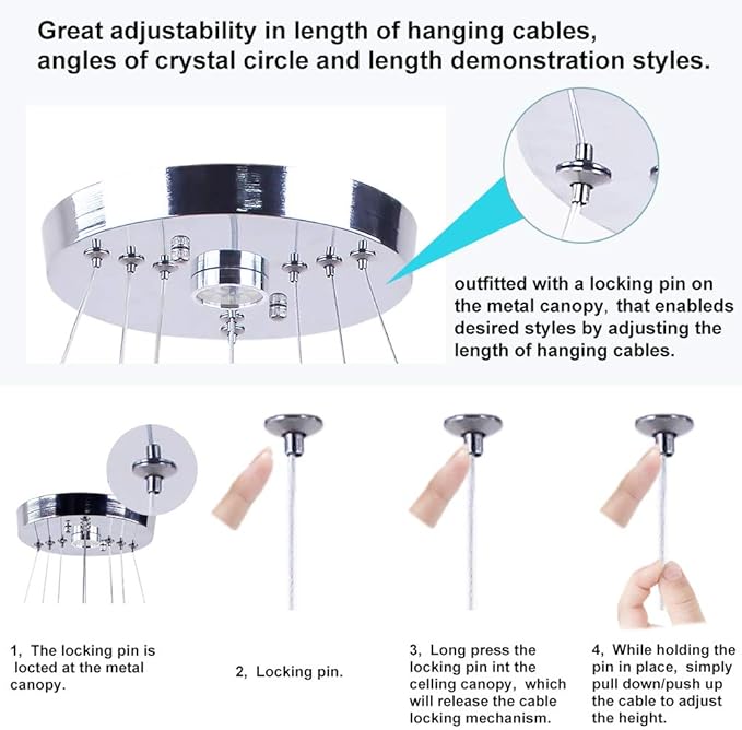 Modern 3 Ring Round Crystal Chandelier Adjustable Stainless Steel Pendant Lighting LED Crystal Ceiling Light Fixture for Living Room Dining Room Bedroom Cool White